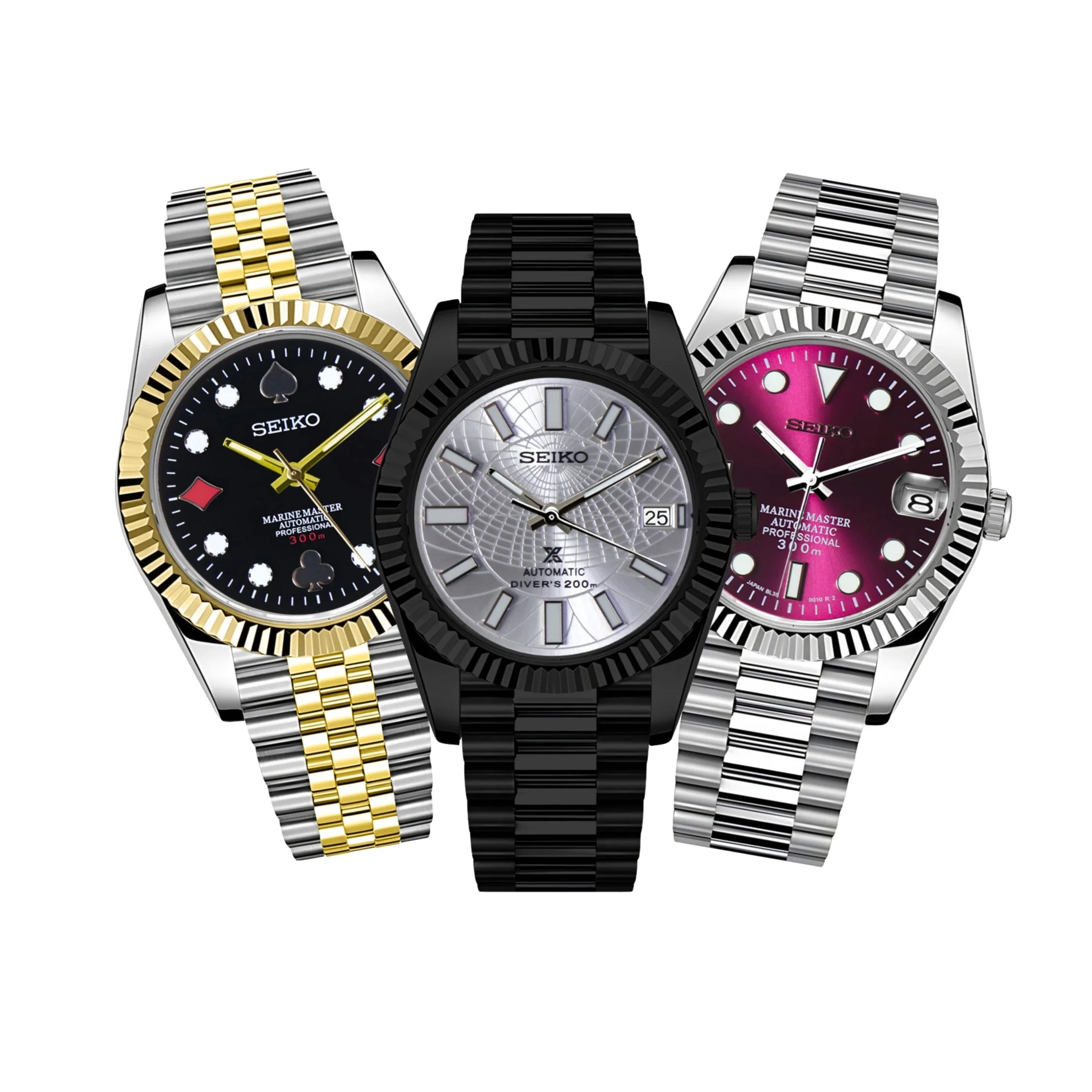 Three luxury wristwatches with colored faces and metal bands by Seikojust Configurator