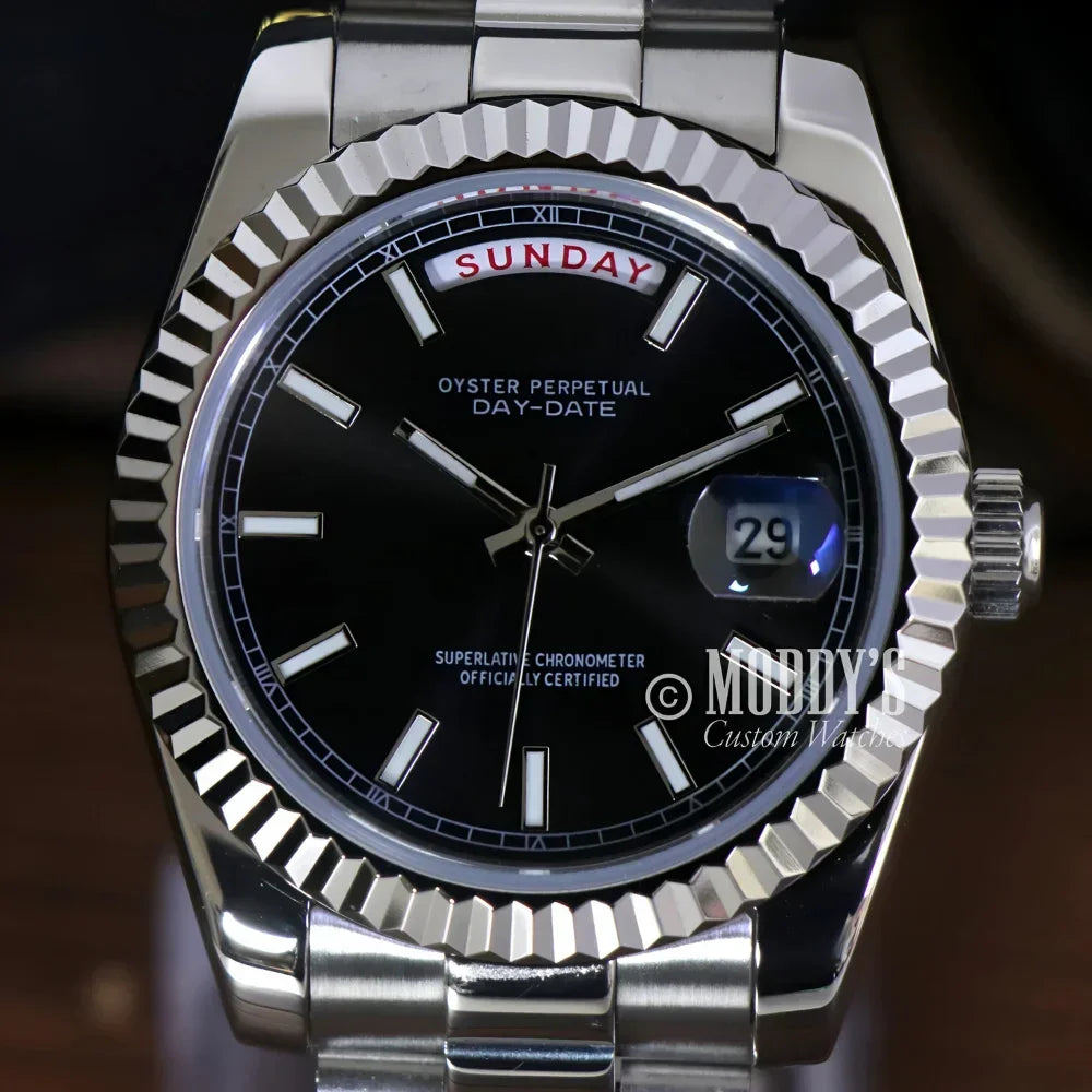 Silver Seikojust Daydate Classic Black wristwatch with black face and 904L stainless steel