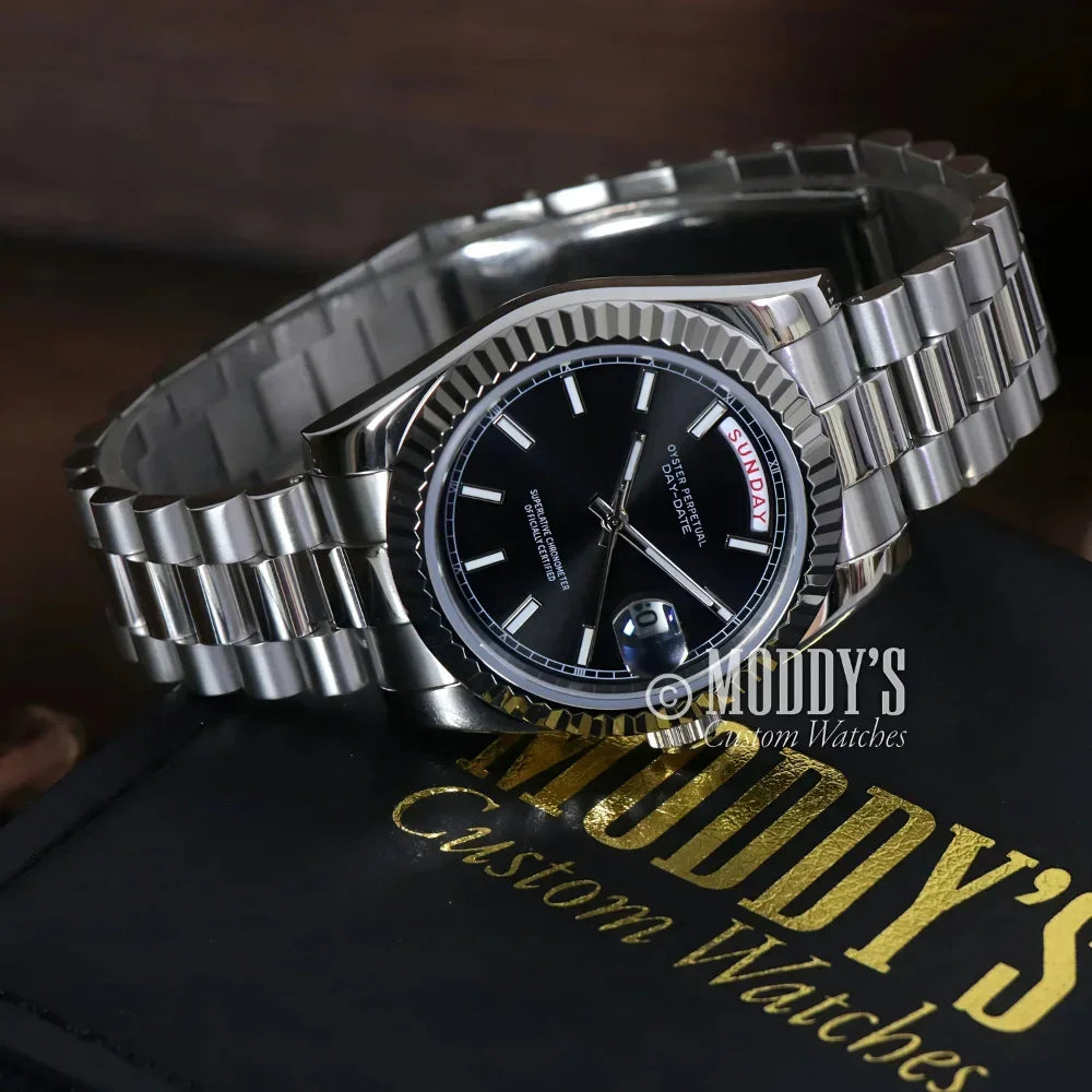 Silver Seiko mod wristwatch with black face from the Daydate Classic Black collection