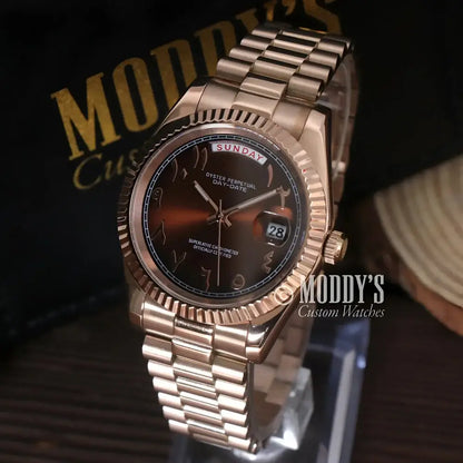 Daydate Rose Gold Seiko Mod wristwatch with 904L stainless steel details