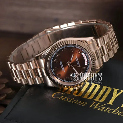 Seikojust Daydate Rose Gold wristwatch with Chocolate Arabic and 904L stainless steel band