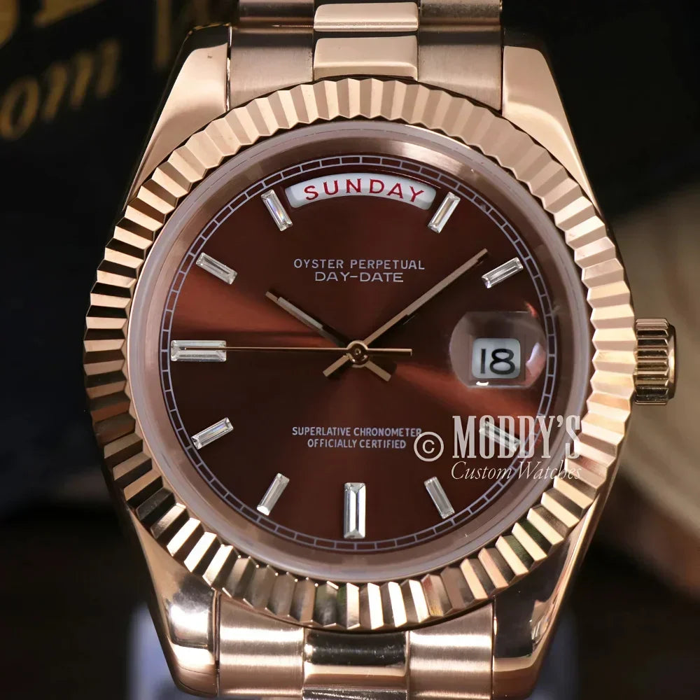 Rose Gold Rolex Day-Date watch showcased in Seikojust Daydate Rose Gold - Chocolate Crystals