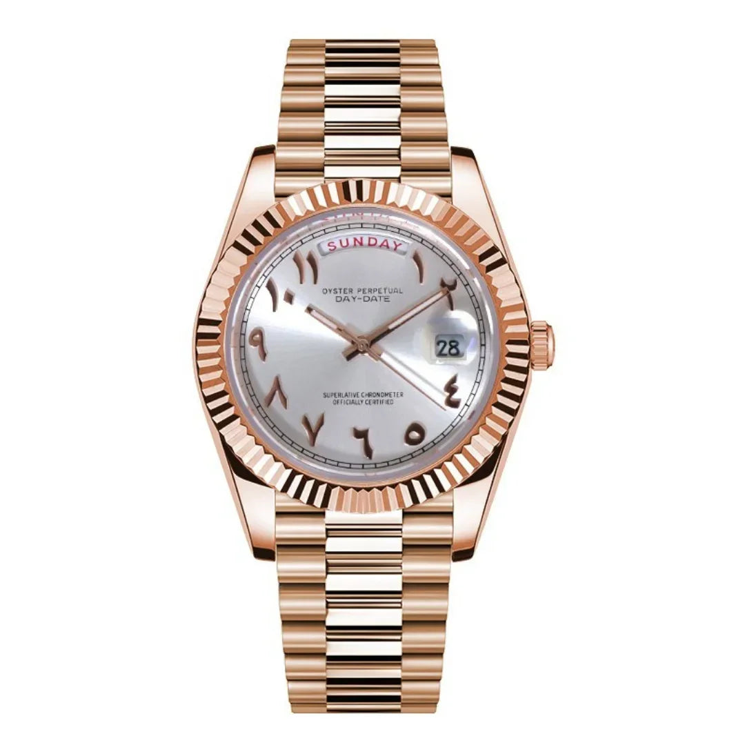 Seikojust | Daydate Rose Gold - White Arabic - Seiko Logo - Datejust - Moddys Custom Watches