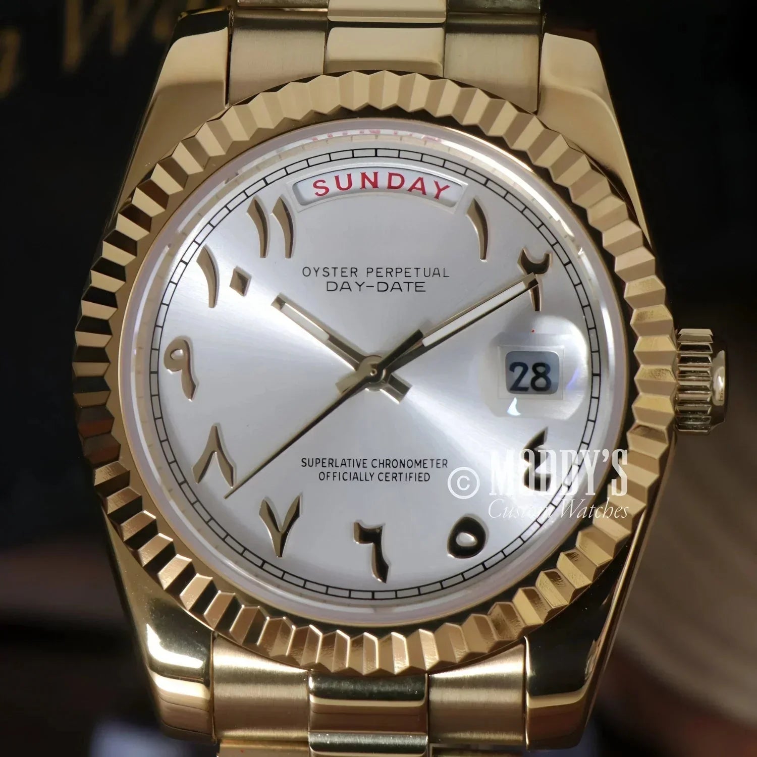 Gold Rolex Day-Date watch with Arabic numerals in Seikojust Daydate Yellow Gold design