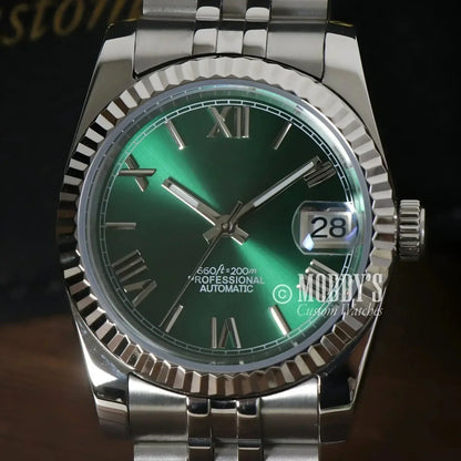 Green-faced Seikojust wristwatch with Roman numerals and NH35 automatic movement
