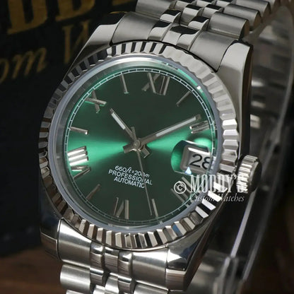 Silver Seikojust wristwatch with green face and NH35 automatic movement