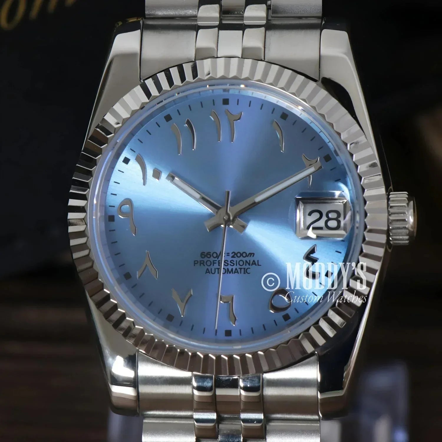 Silver wristwatch with Arabic numerals, Seikojust Ice Blue Arabic, Seiko NH35 Automatic