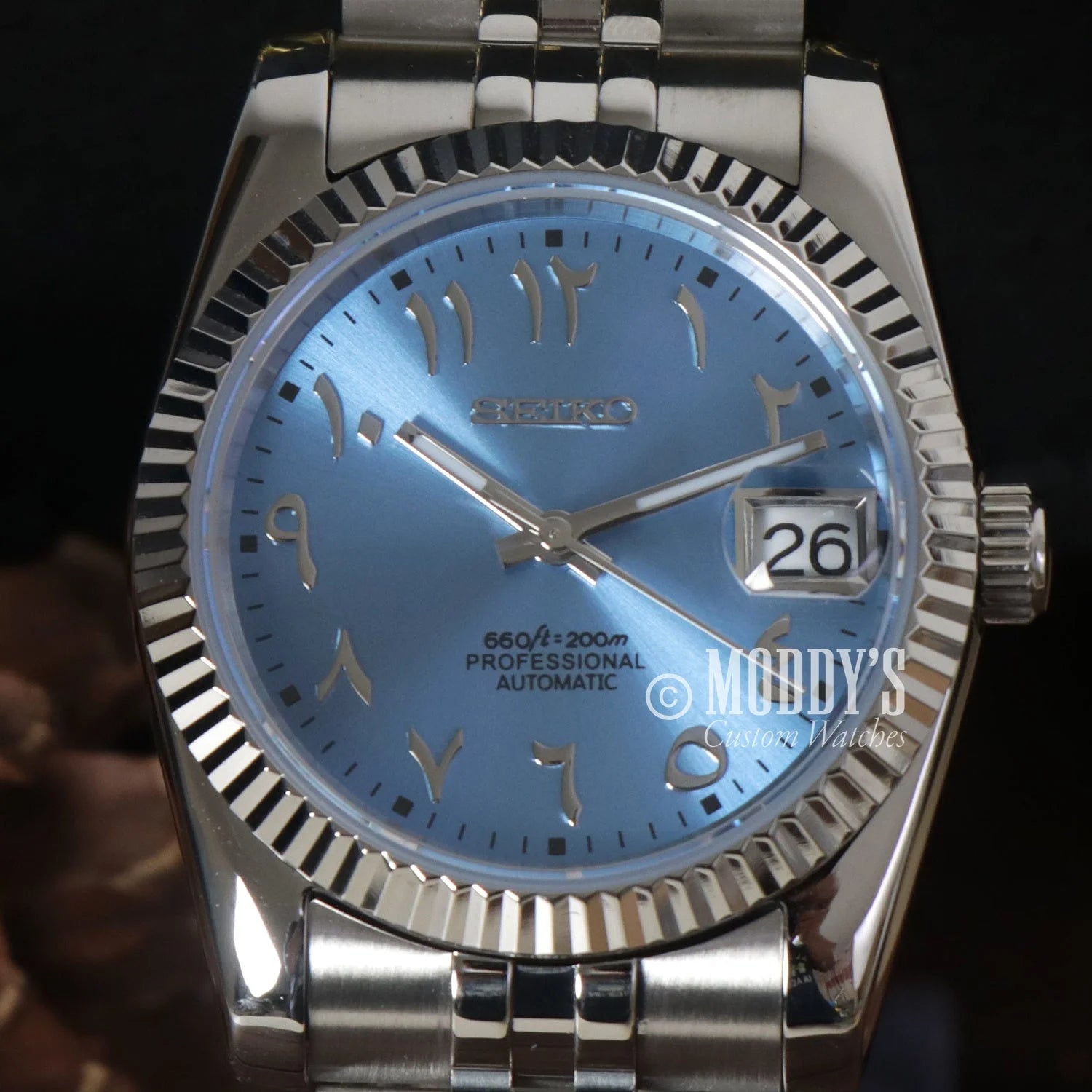 Luxury Seiko Mod Datejust wristwatch with blue dial and stainless steel bracelet