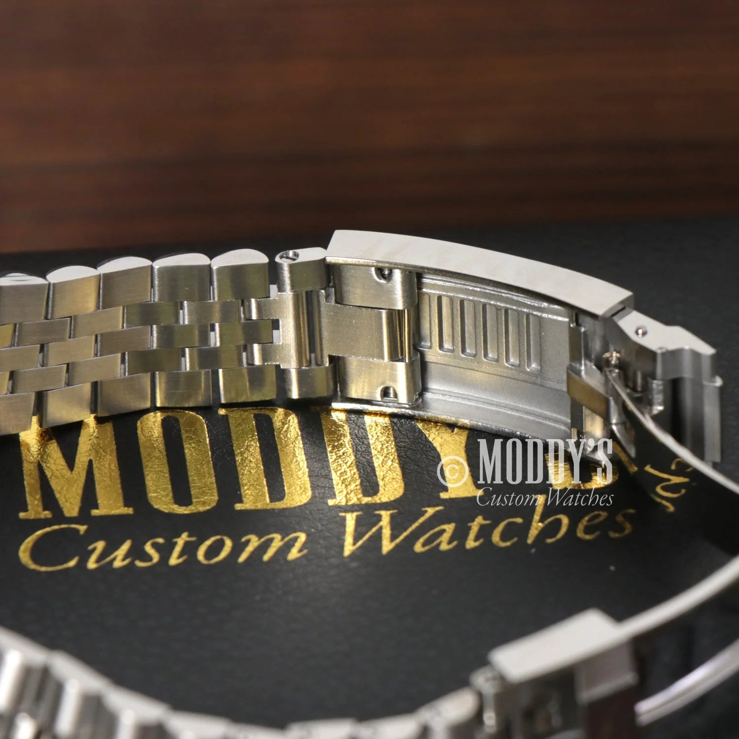 Stainless steel watch bracelet with clasp on Moddy’s Custom Watches logo for Seiko Mod Datejust