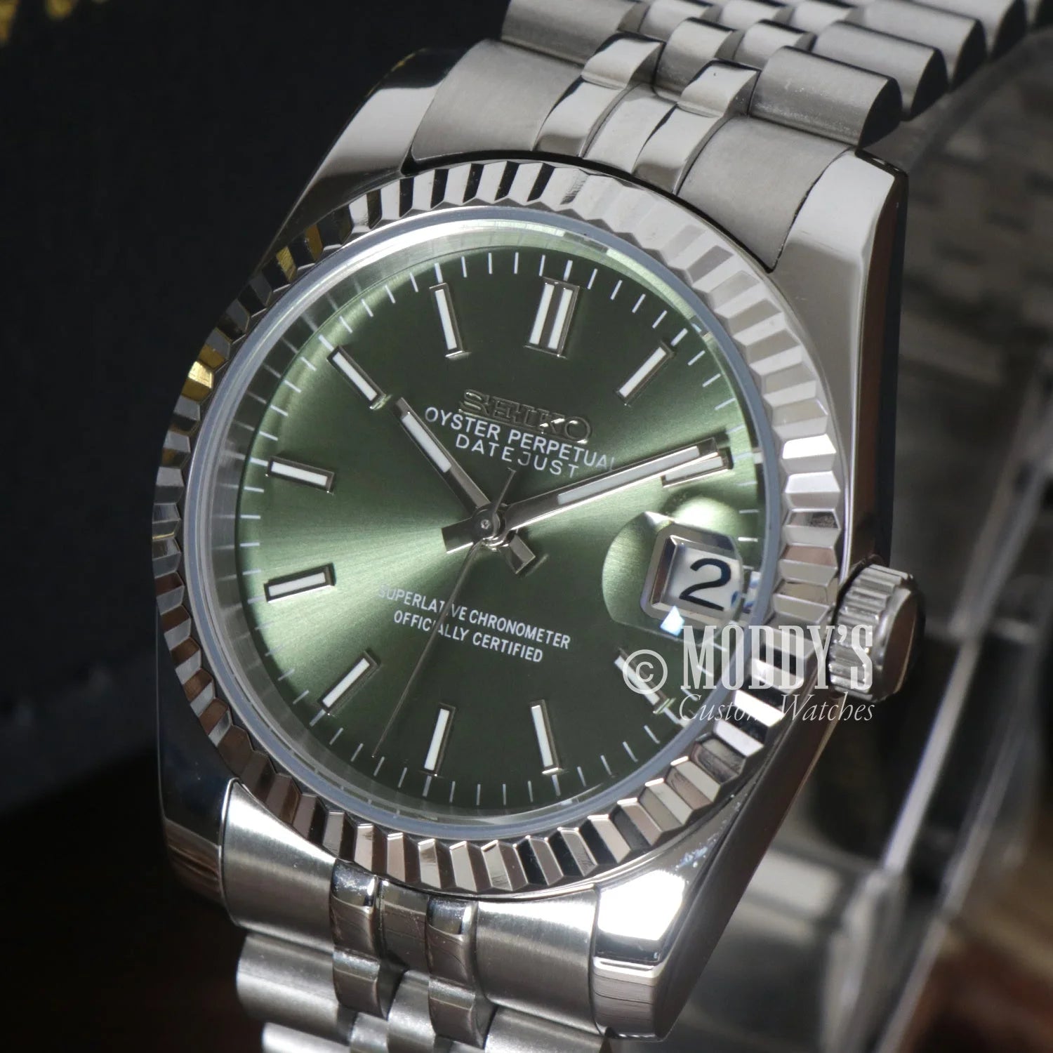 Rolex Datejust watch with green dial and stainless steel Jubilee bracelet in Seiko mod style