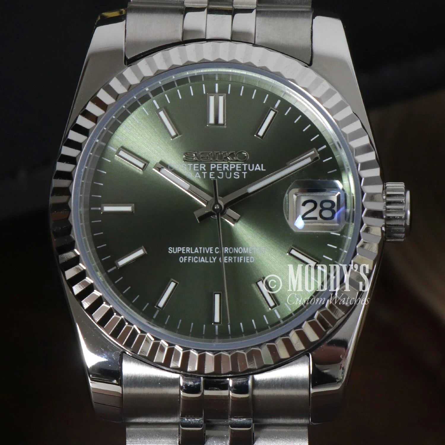 Seikojust Mint Green watch featuring Rolex Datejust design with green dial and jubilee bracelet