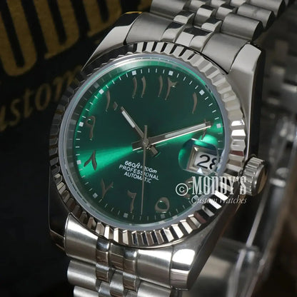 Silver wristwatch with green face from Seikojust Royal Green Arabic with NH35 automatic movement