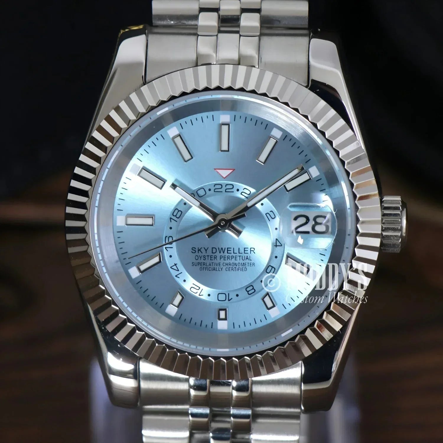 Silver Rolex Sky-Dweller wristwatch featured in Seikojust Sky Dweller Ice Blue collection