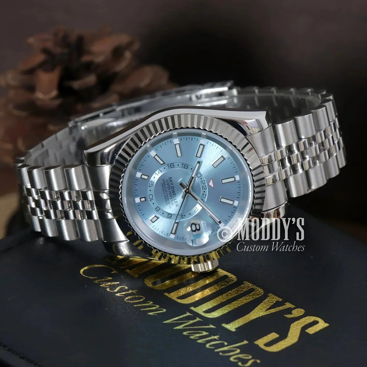 Silver wristwatch with light blue face, Seikojust Sky Dweller Ice Blue and NH35 Automatic