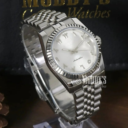 Silver wristwatch with Arabic numerals, Seikojust | White Arabic Textured, NH35 automatic movement