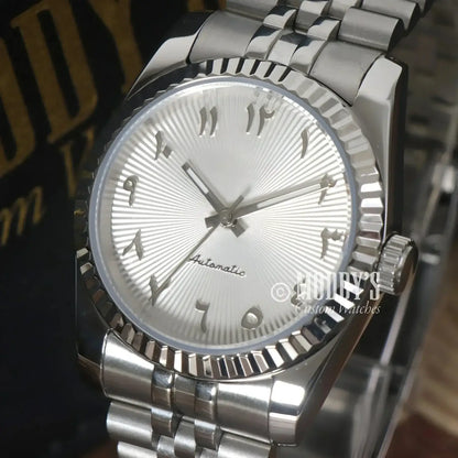 Silver Seikojust wristwatch with Arabic numerals and NH35 automatic movement