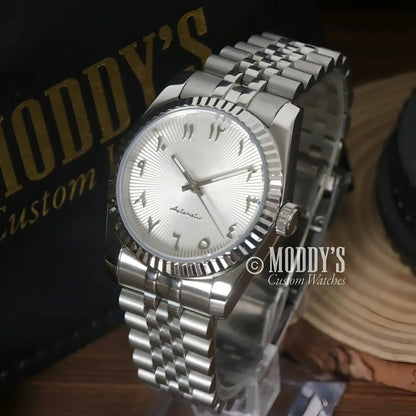 Silver-toned Seikojust watch with Arabic numerals and NH35 automatic movement