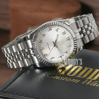 Silver Seikojust wristwatch with Arabic numerals and NH35 automatic movement