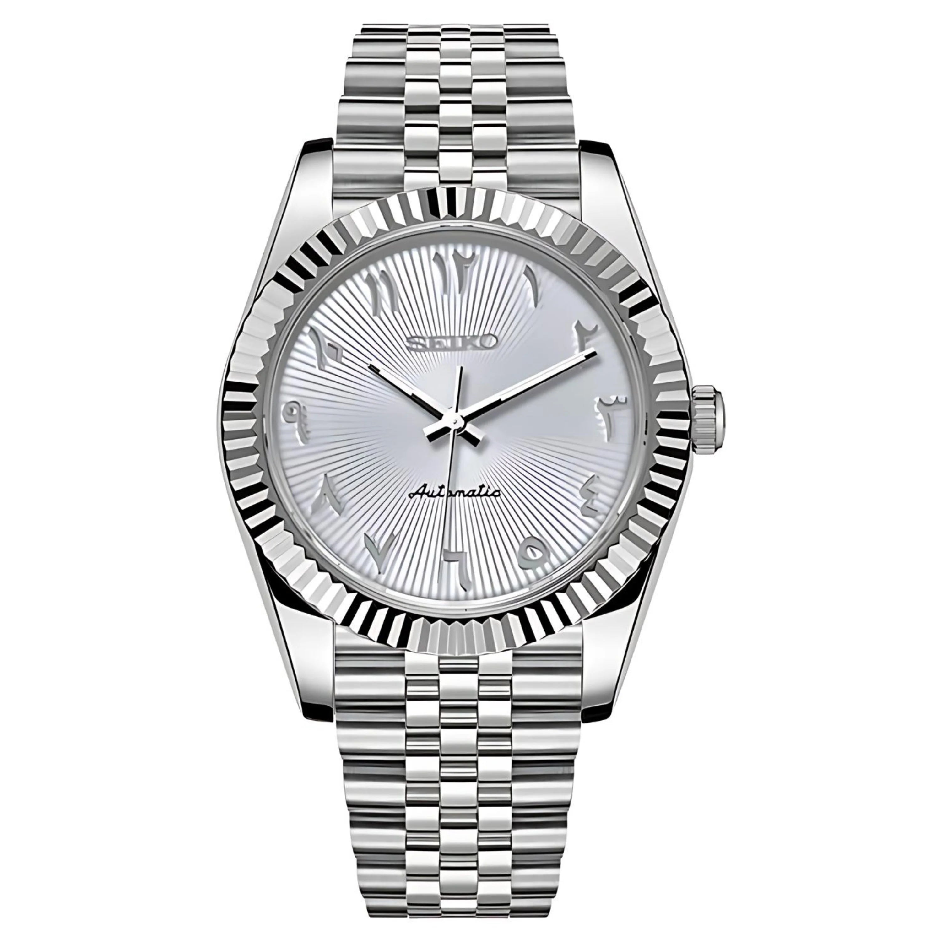 Silver Seiko NH35 automatic wristwatch with fluted bezel and jubilee bracelet in 904L stainless steel