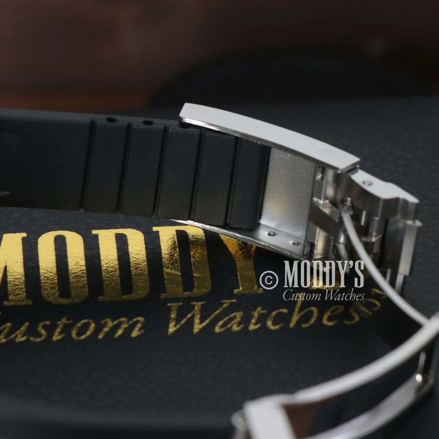 Black watch band with gold MODDY’S Custom Watches text for Seiko Mod Santos