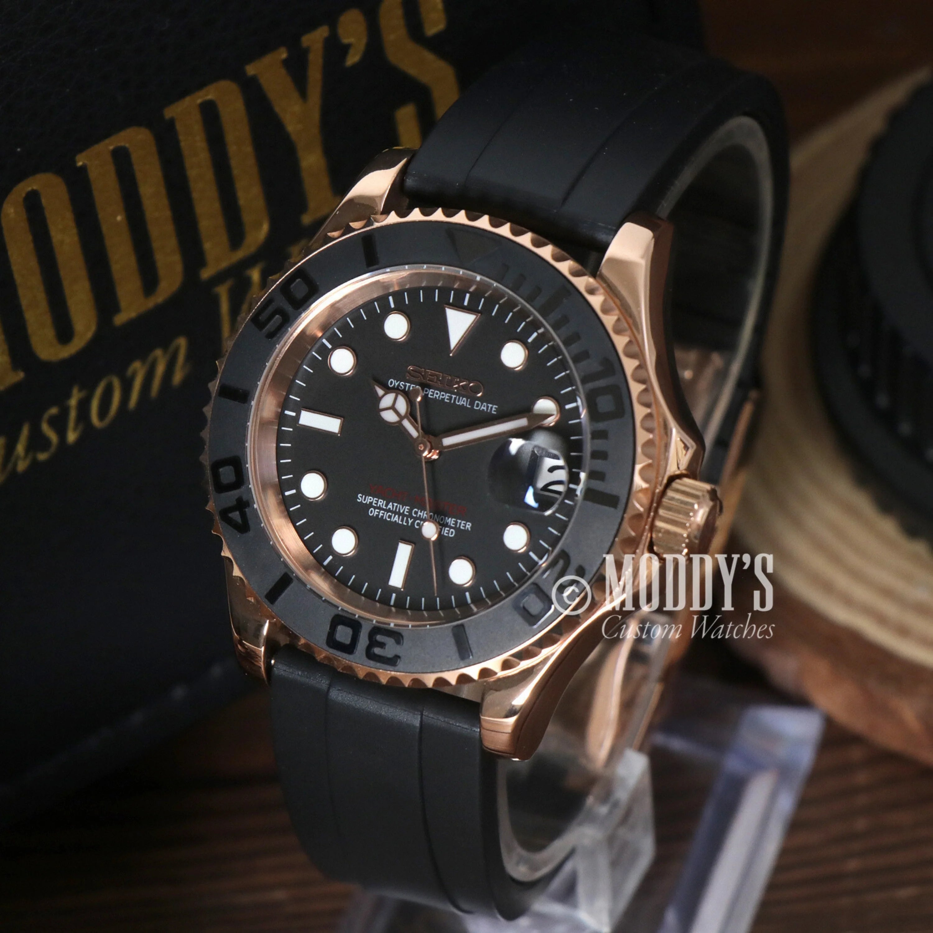 Rose Gold Dive Watch with Black Dial and Rubber Strap - Seiko Mod Style