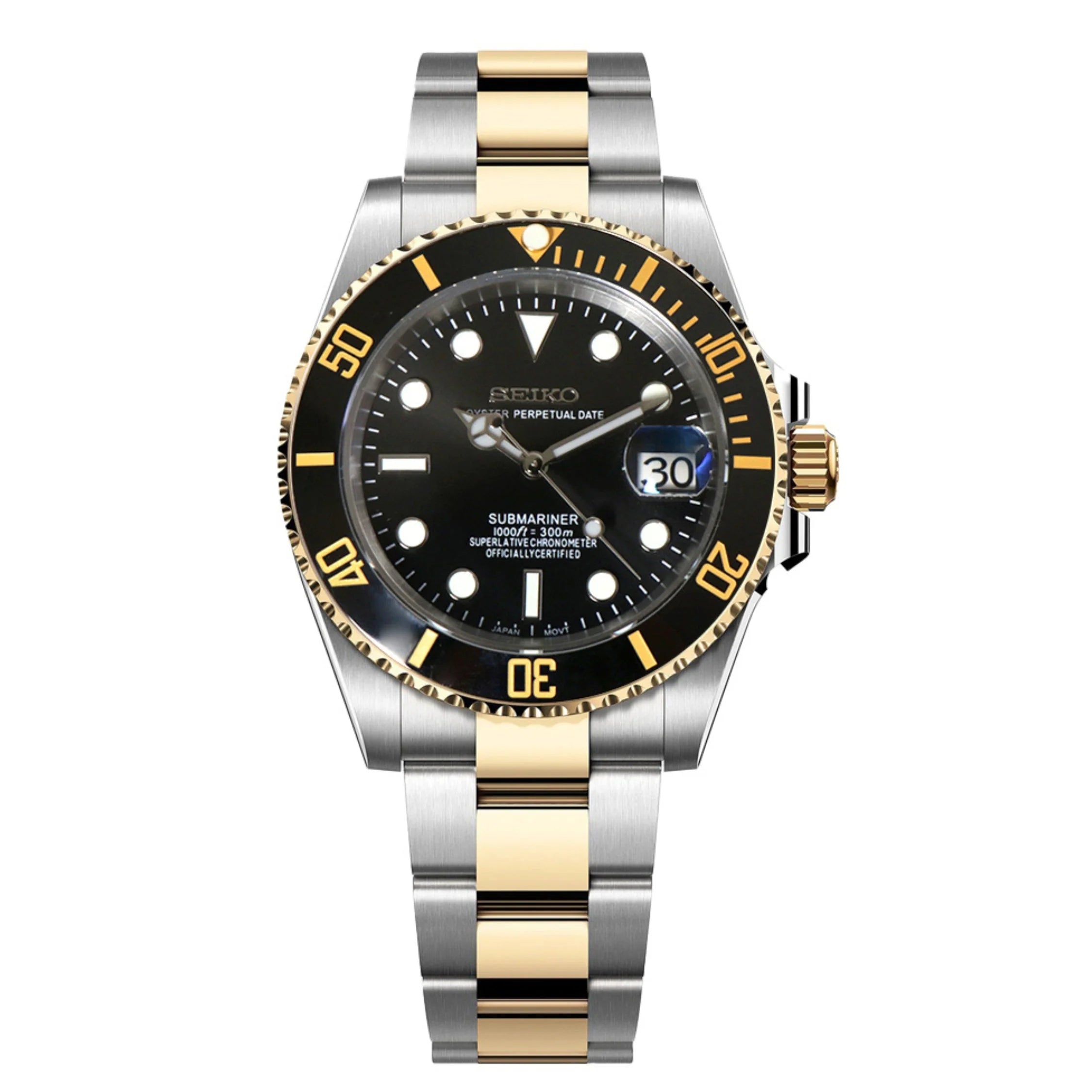 Two-tone stainless steel and gold Seikomariner Black dive watch with black dial