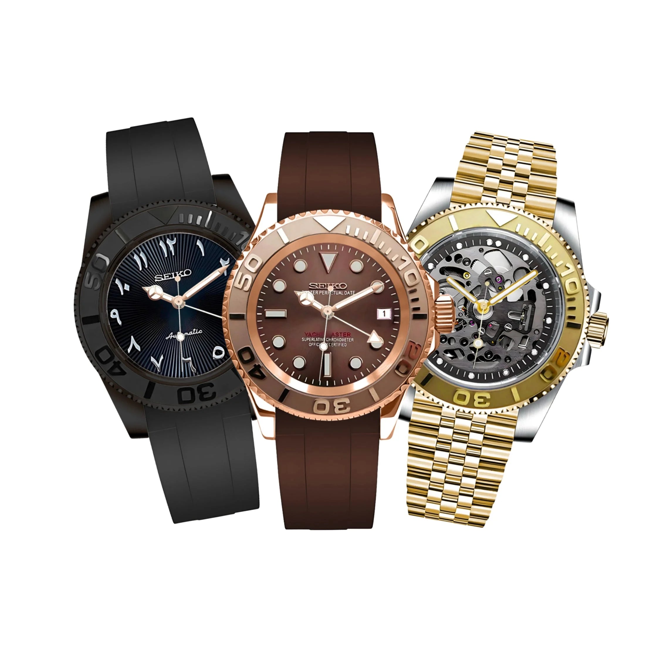 Three luxury Seikomariner watches with colored bands in a stylish configurator display