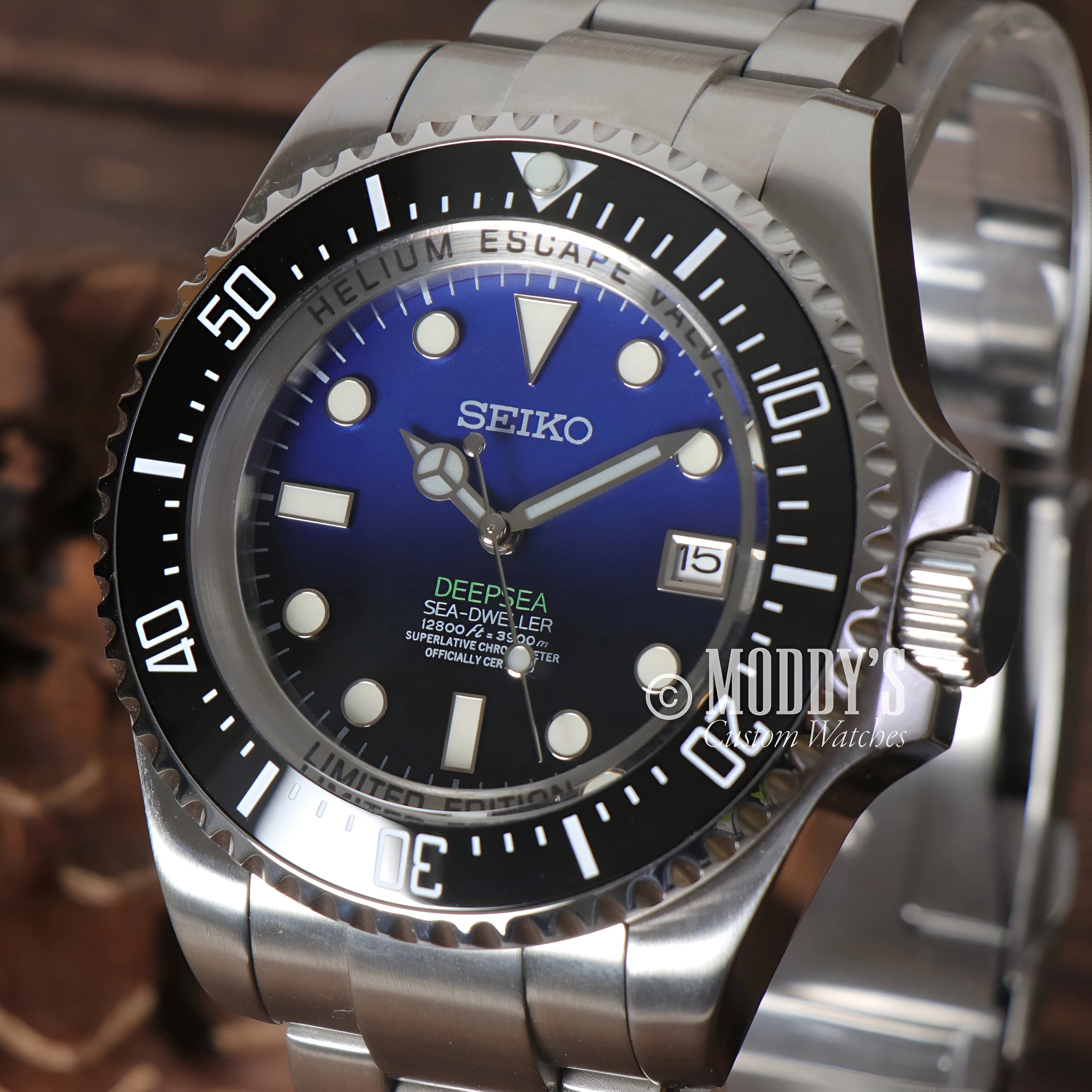 Seiko Deepsea dive watch with blue dial, black bezel, and NH35 automatic movement