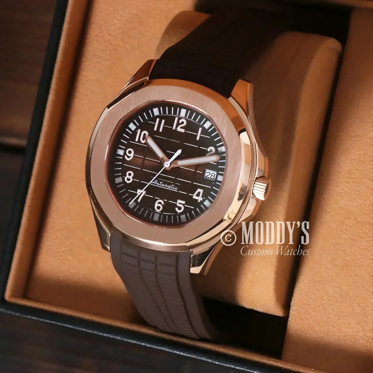 Rose gold wristwatch with brown band, featuring NH35 automatic movement in the Seikonaut mod