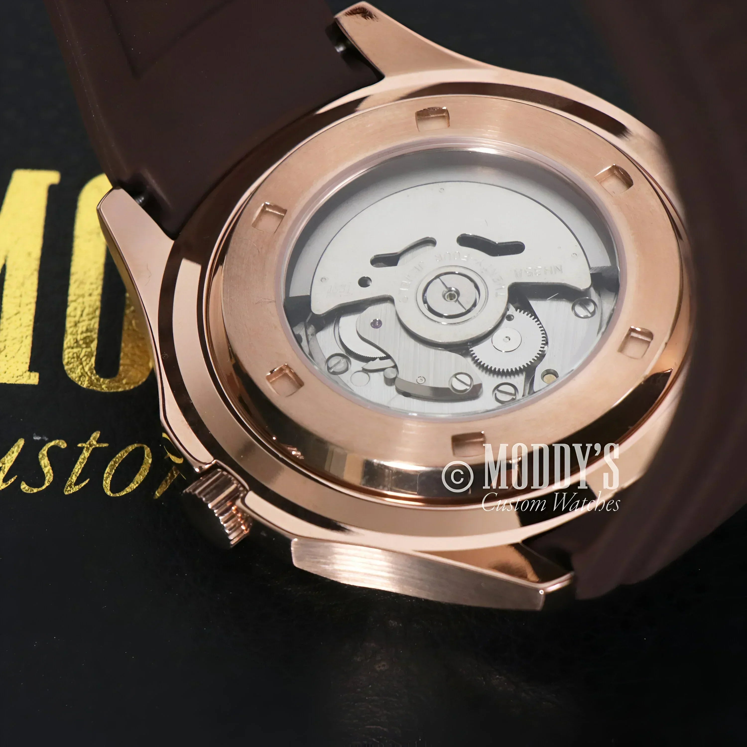 Rose gold watch case with NH35 automatic movement in Seikonaut Brown Seiko mod