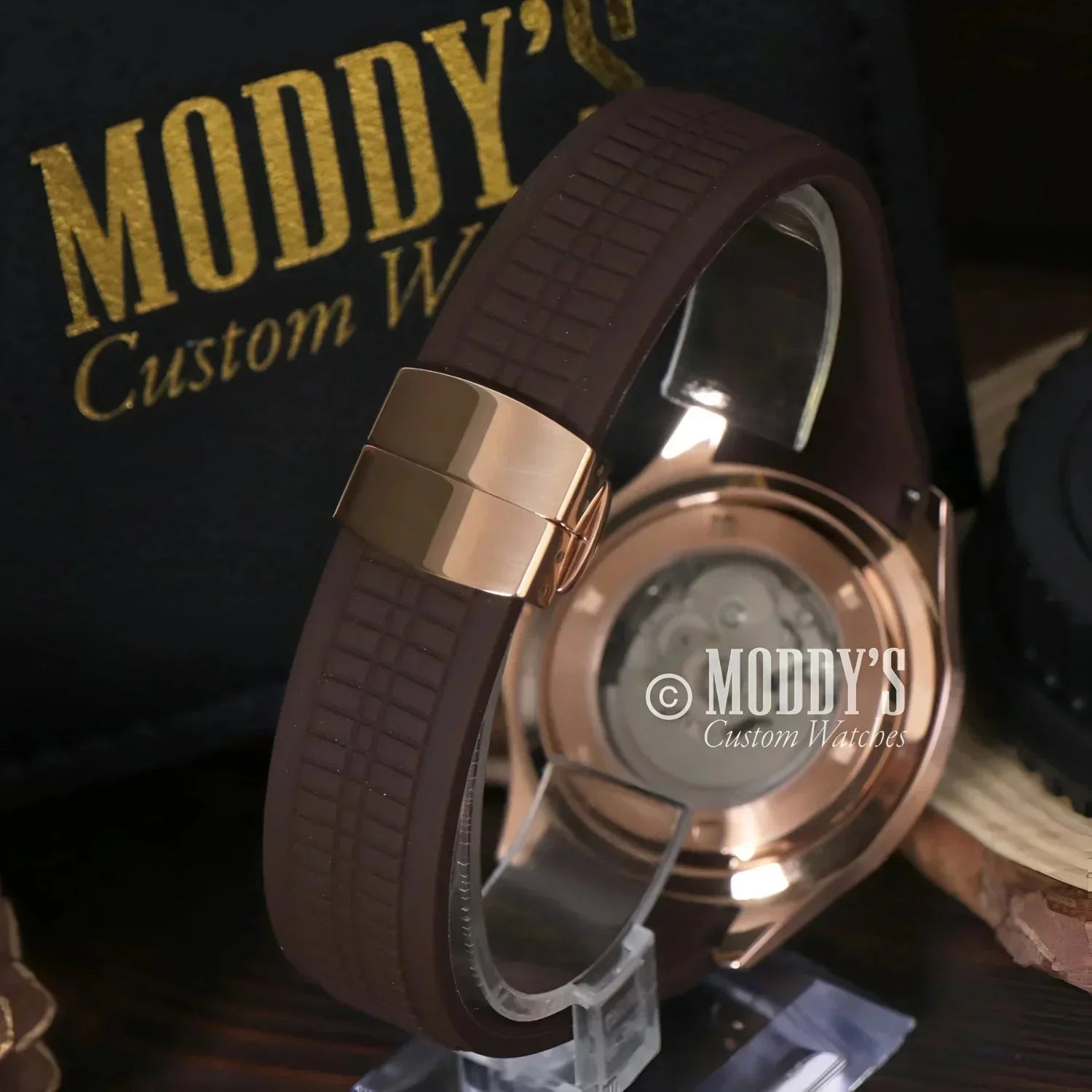 Brown watch with rose gold accents featuring NH35 automatic movement, Seiko Mod Aquanaut