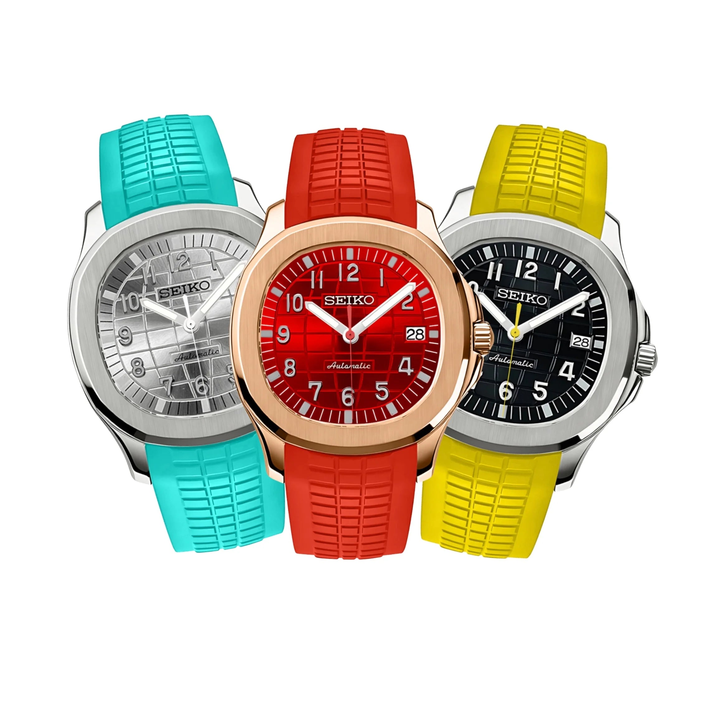 Three Seiko watches with vibrant turquoise, red, and yellow straps in Seikonaut Configurator