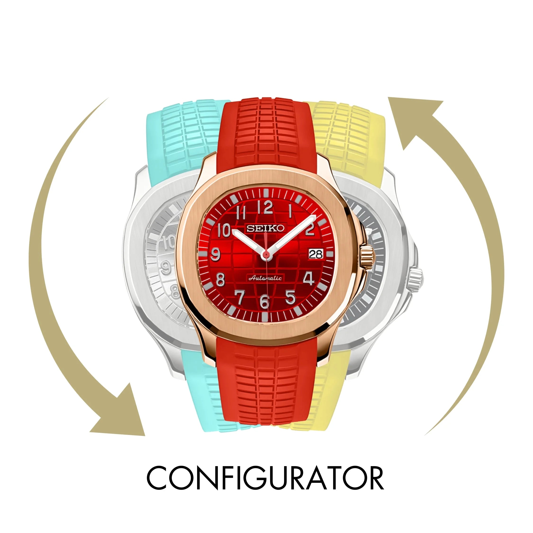 Seiko watch with turquoise, red, yellow straps in Seikonaut Configurator featuring queryselector