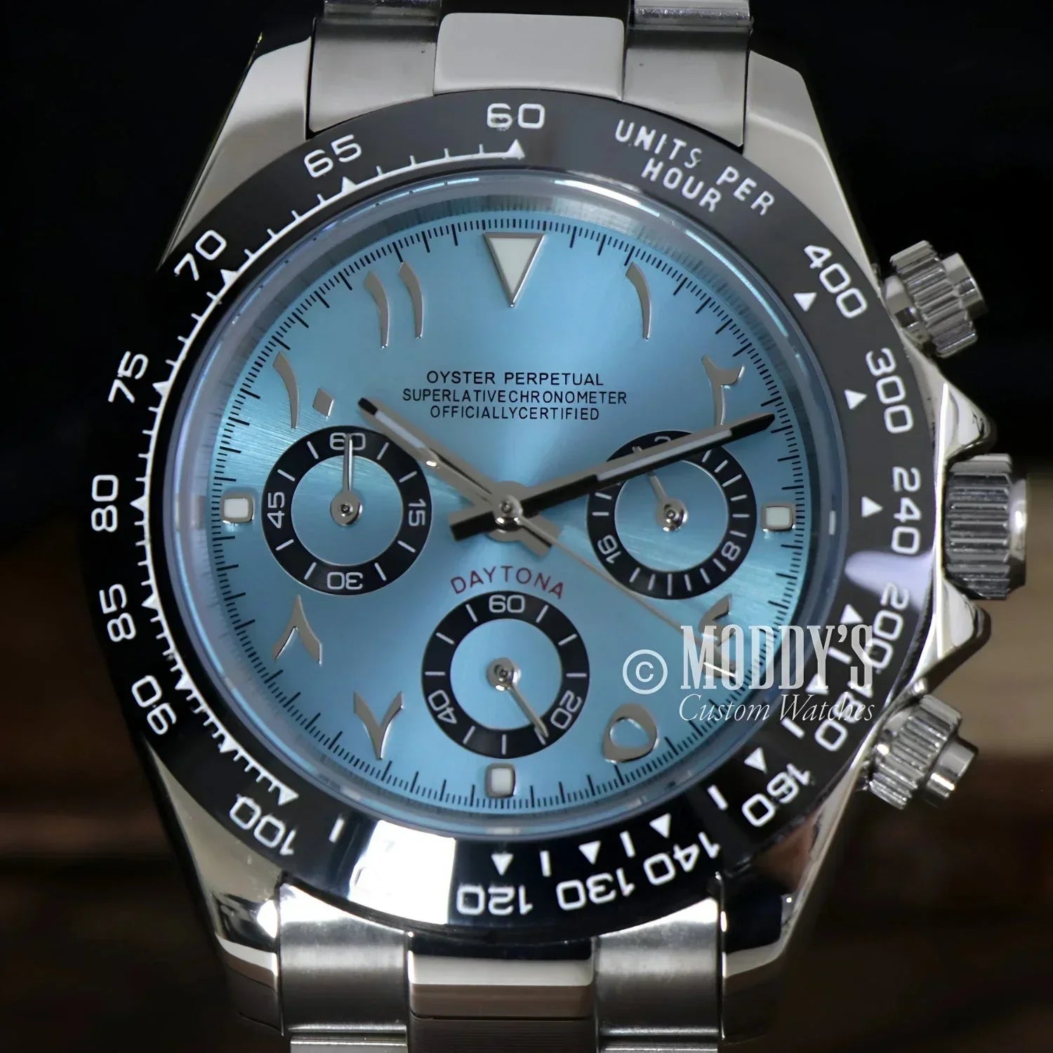 Luxury Daytona wristwatch with Arabic numerals featuring Seiko VK63 hybrid movement in Arabic Ice Blue