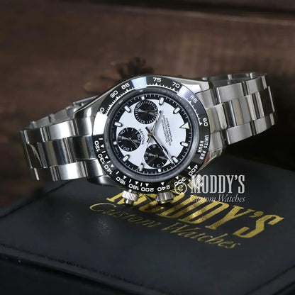 Silver and white chronograph wristwatch showcasing Seiko VK63 hybrid movement in Seitona