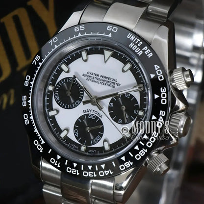 Silver and black chronograph wristwatch featuring Seiko VK63 hybrid movement - Seitona Black White