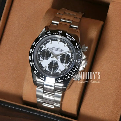 Silver and black chronograph wristwatch with Seiko VK63 hybrid movement in Seitona Black-White
