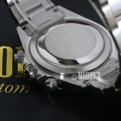Silver wristwatch back of Seitona Black - White featuring Seiko VK63 Hybrid Movement