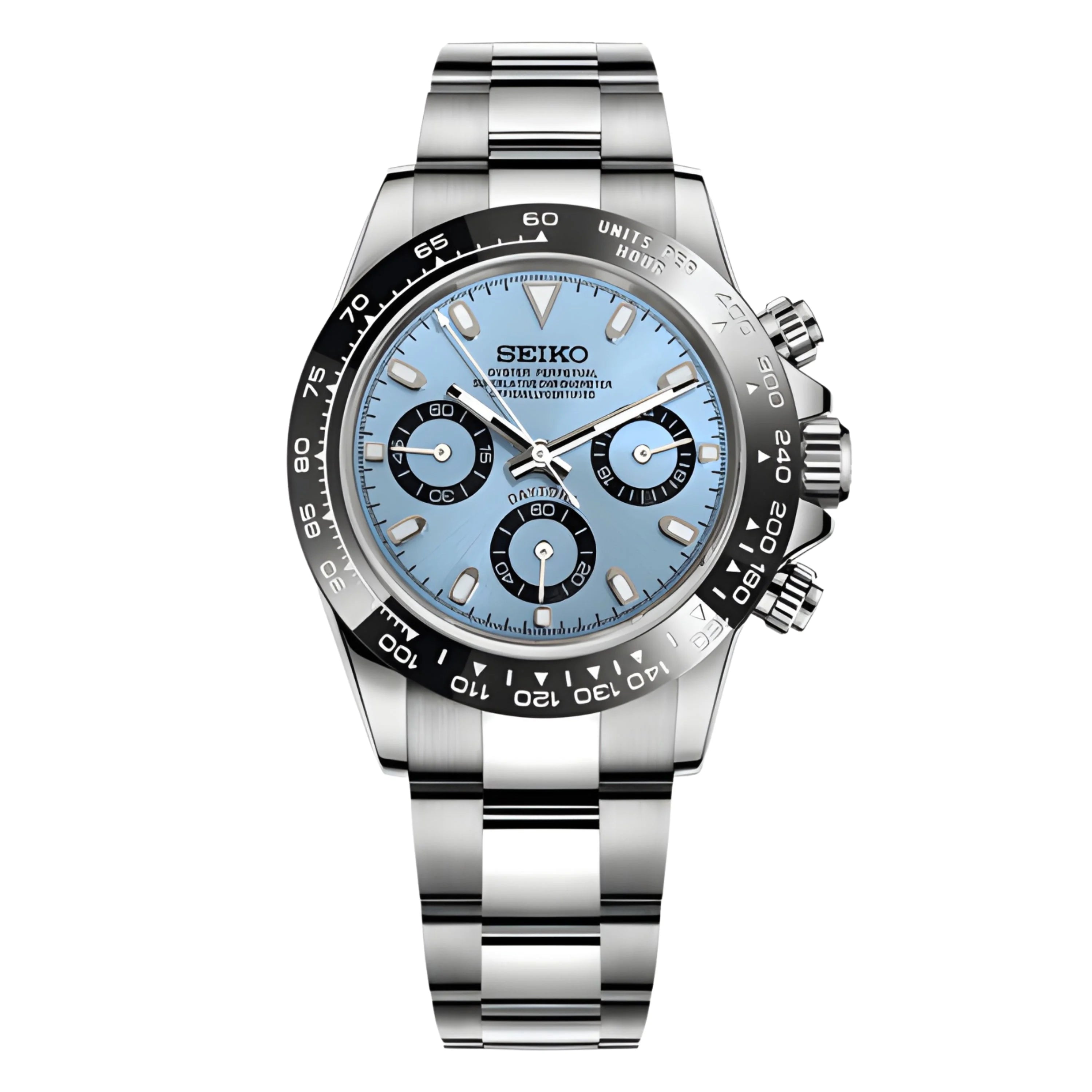 Stainless steel Seiko mod Daytona watch with light blue dial and black bezel