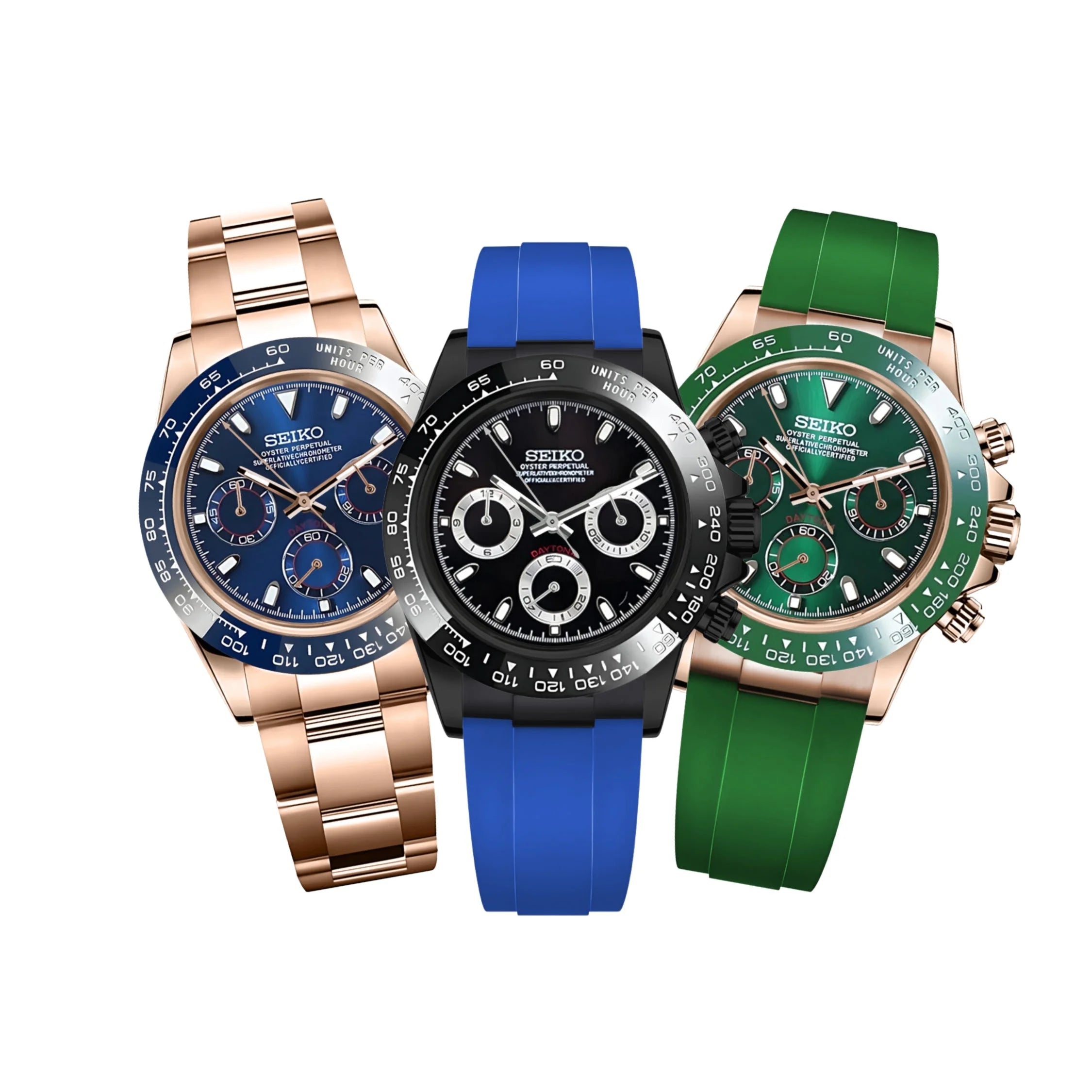 Three luxury chronograph watches in blue, black, and green faces on Seitona Configurator