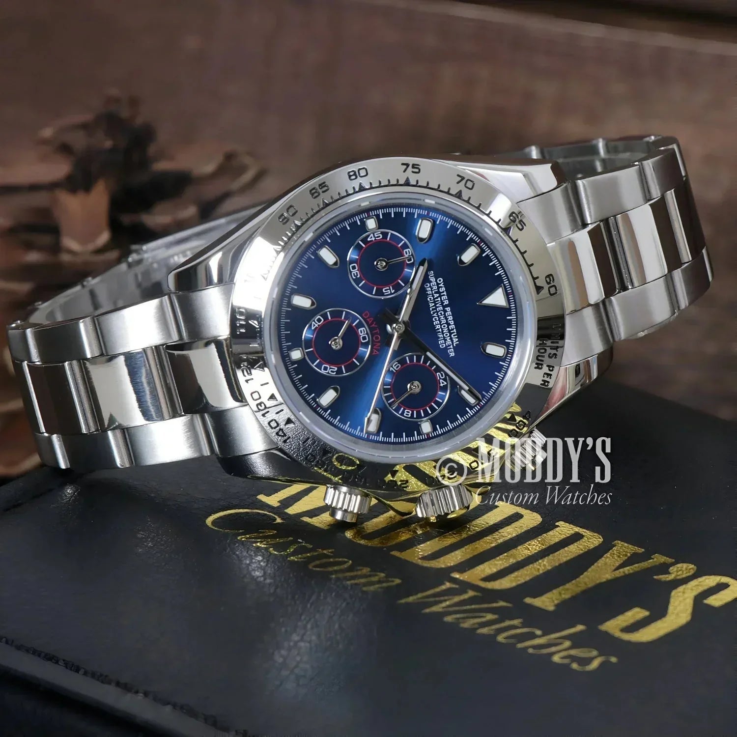 Silver wristwatch with blue face featuring Seiko VK63 hybrid movement in Seitona