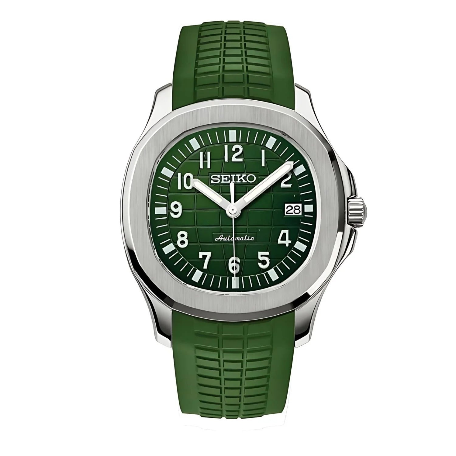 Seikonaut Green Seiko Automatic Watch With Silver Case And Rubber Strap