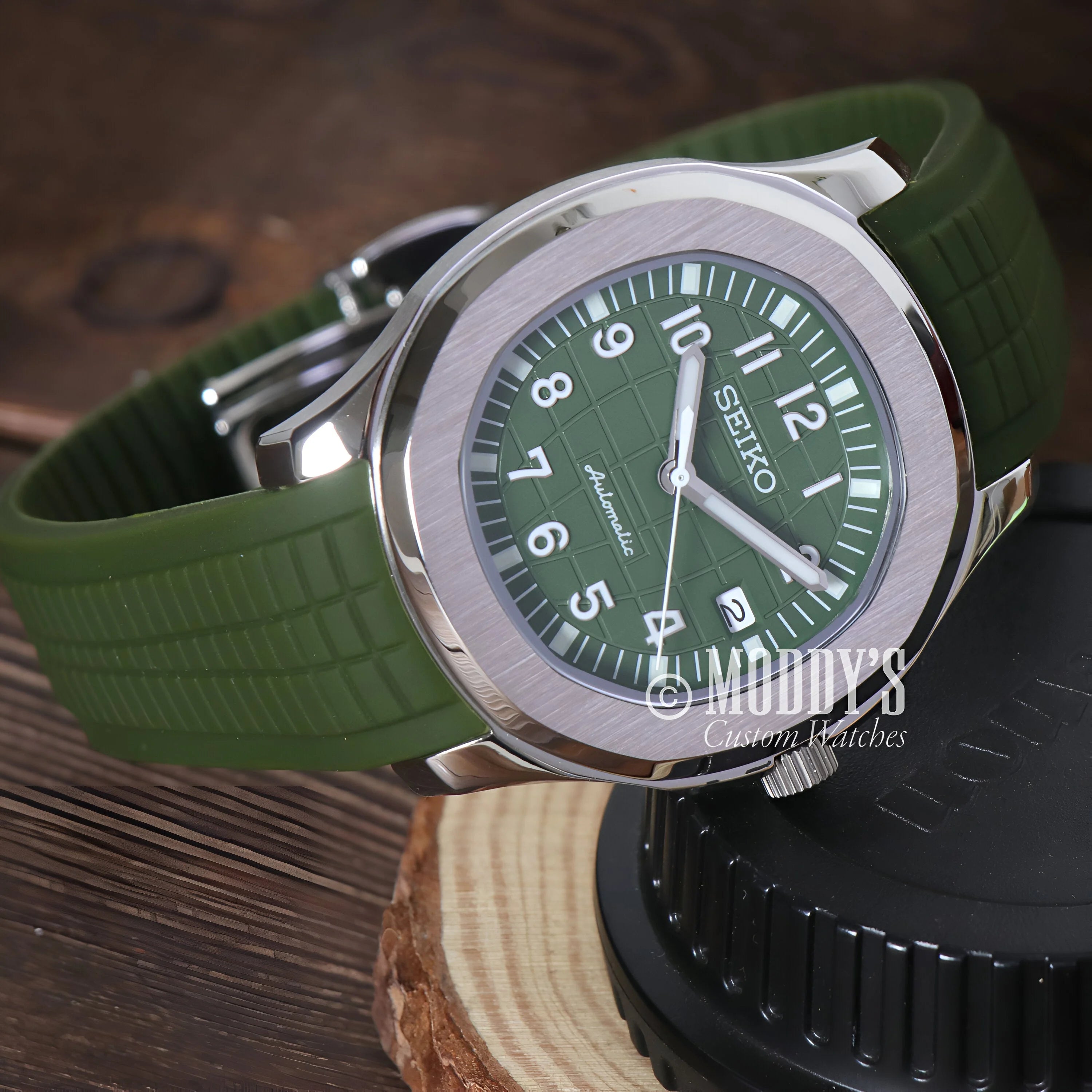 Seikonaut Green Watch With Green Seiko Mod, Silver Bezel, And Rubber Strap