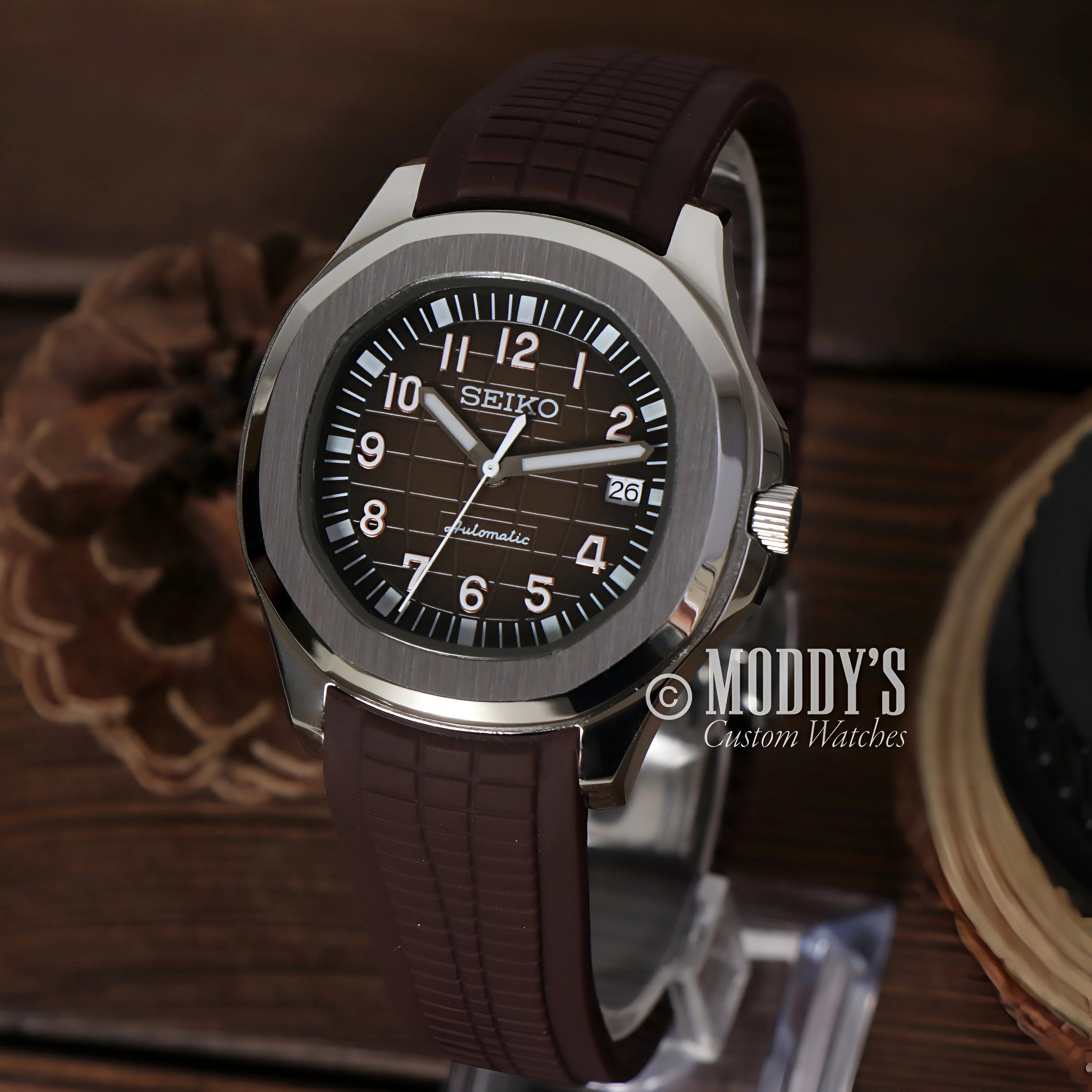 Stainless steel Seikonaut Brown watch with brown leather strap and black dial