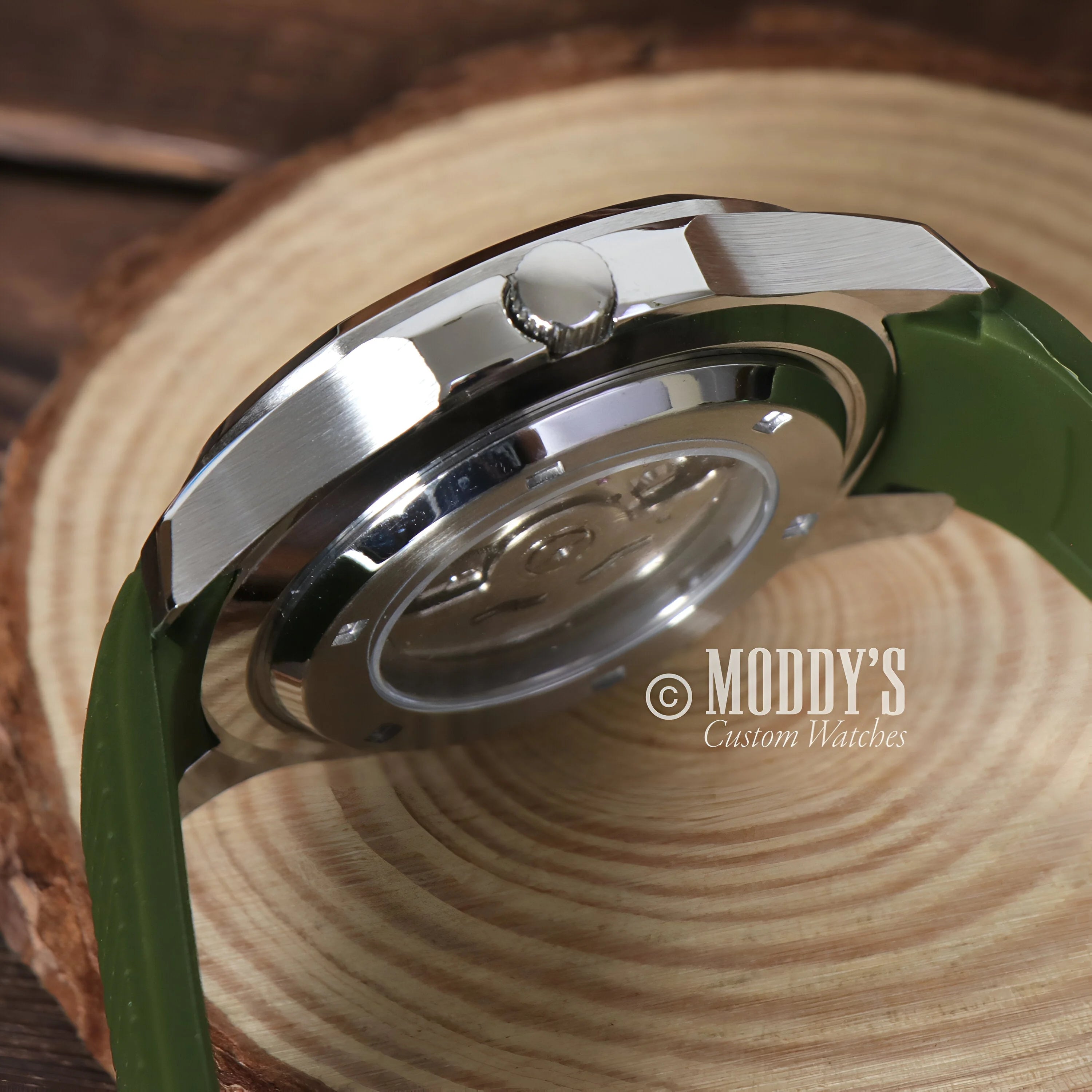 Seiko Mod Watch With Silver Case And Green Strap On Wooden Surface - Seikonaut Green