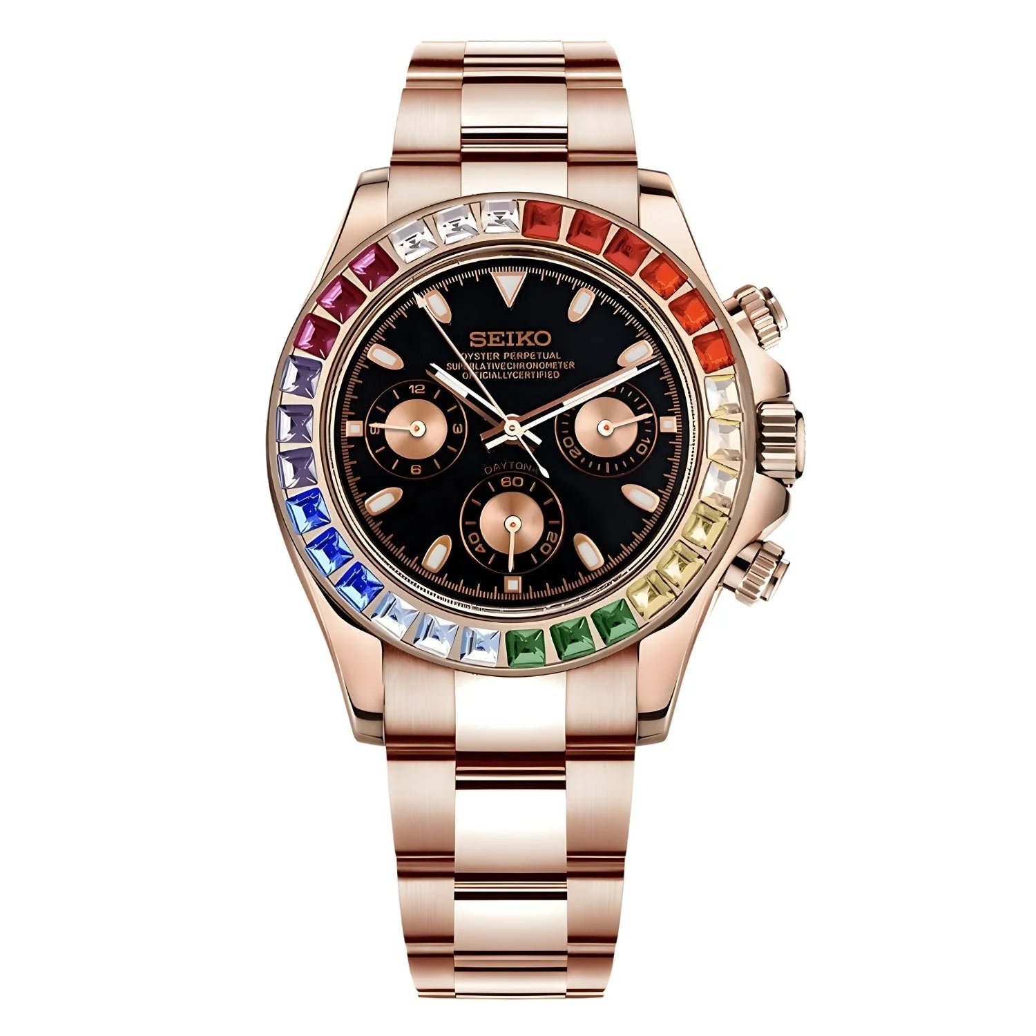 Seitona Rose Gold Rainbow: Seiko Wristwatch With Black Dial And Rainbow Gemstone Bezel