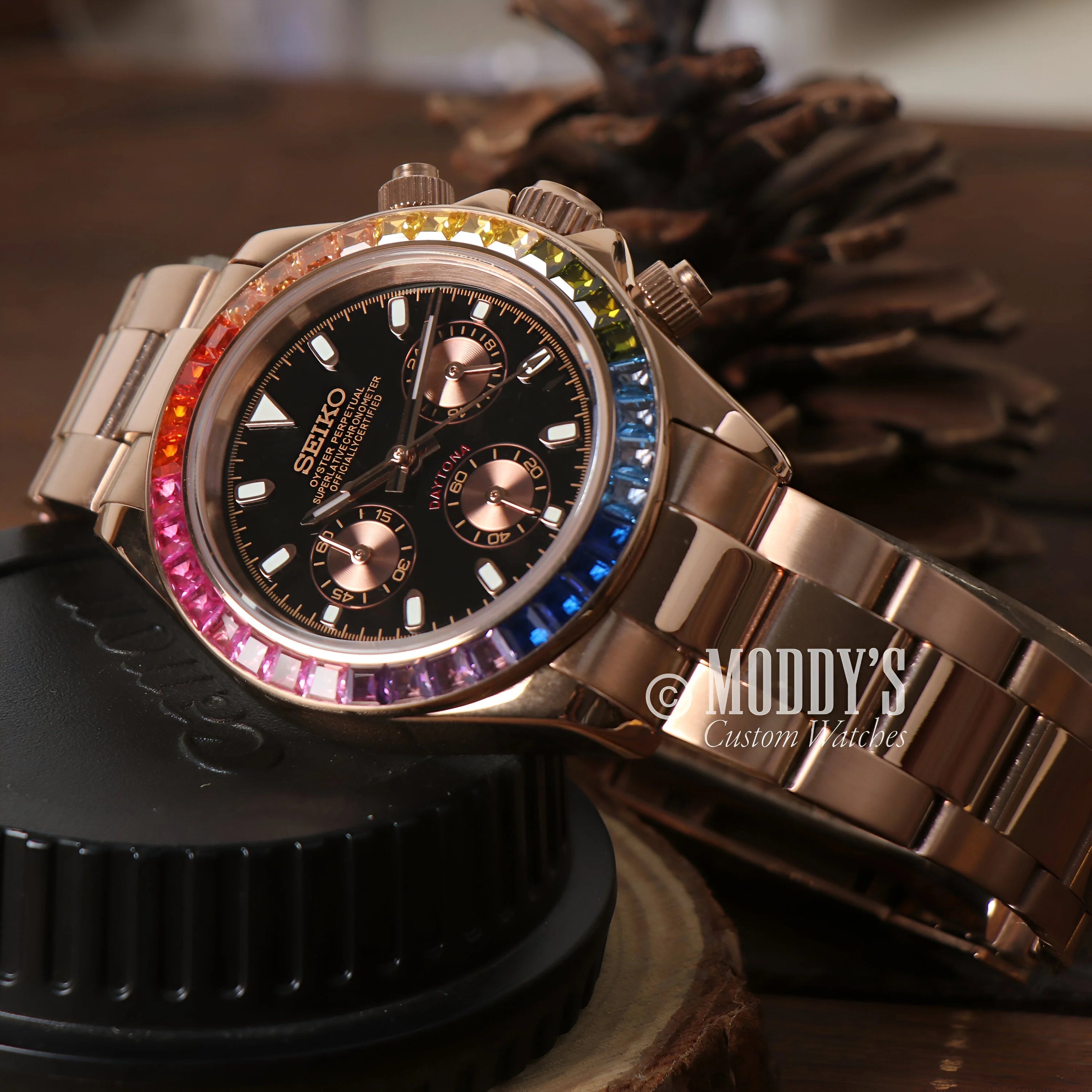 Luxury Daytona Watch With Gemstone Bezel And Steel Bracelet From Seitona Rose Gold Rainbow