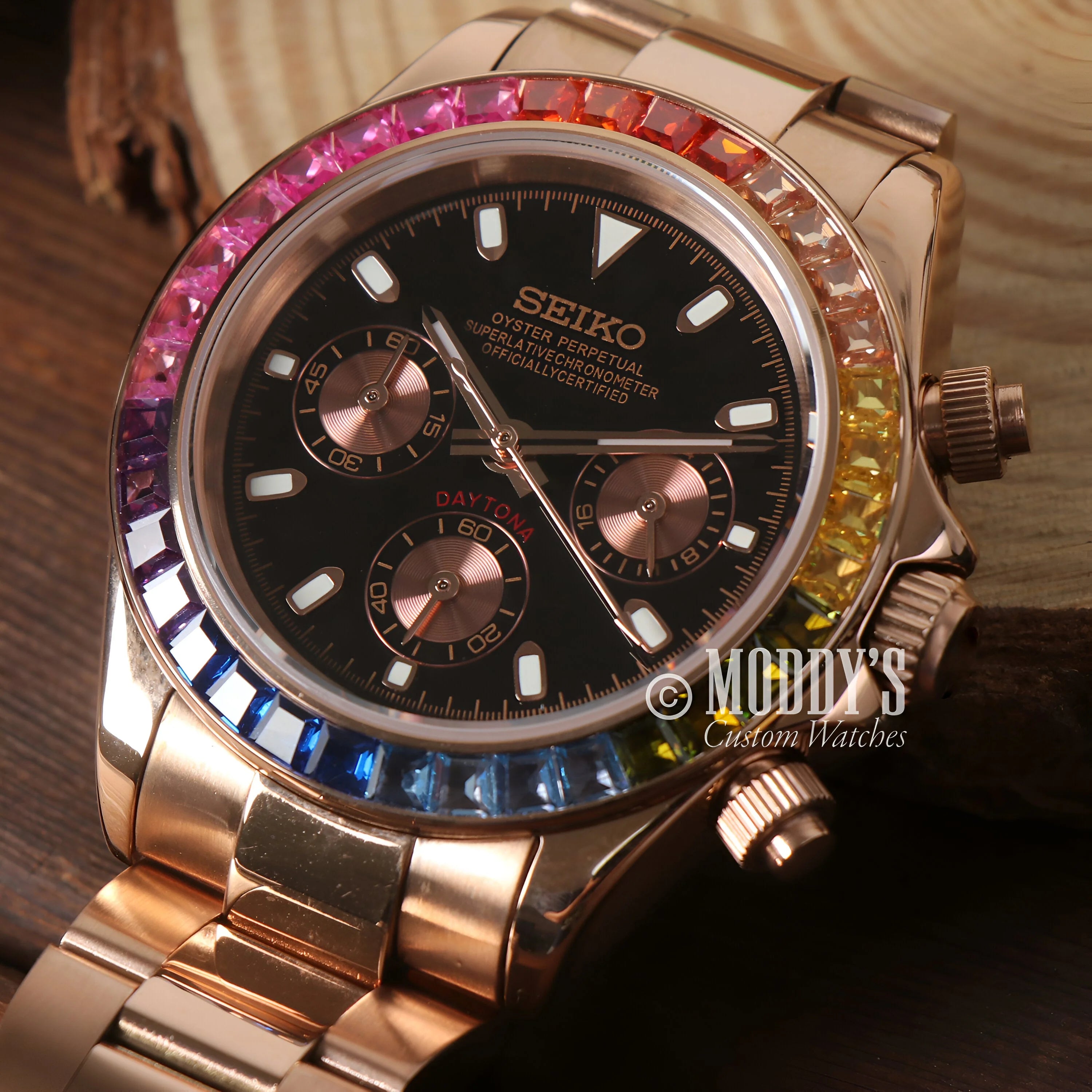 Seitona Rose Gold Rainbow Watch With Gemstone Bezel And Rose Gold-tone Case And Bracelet