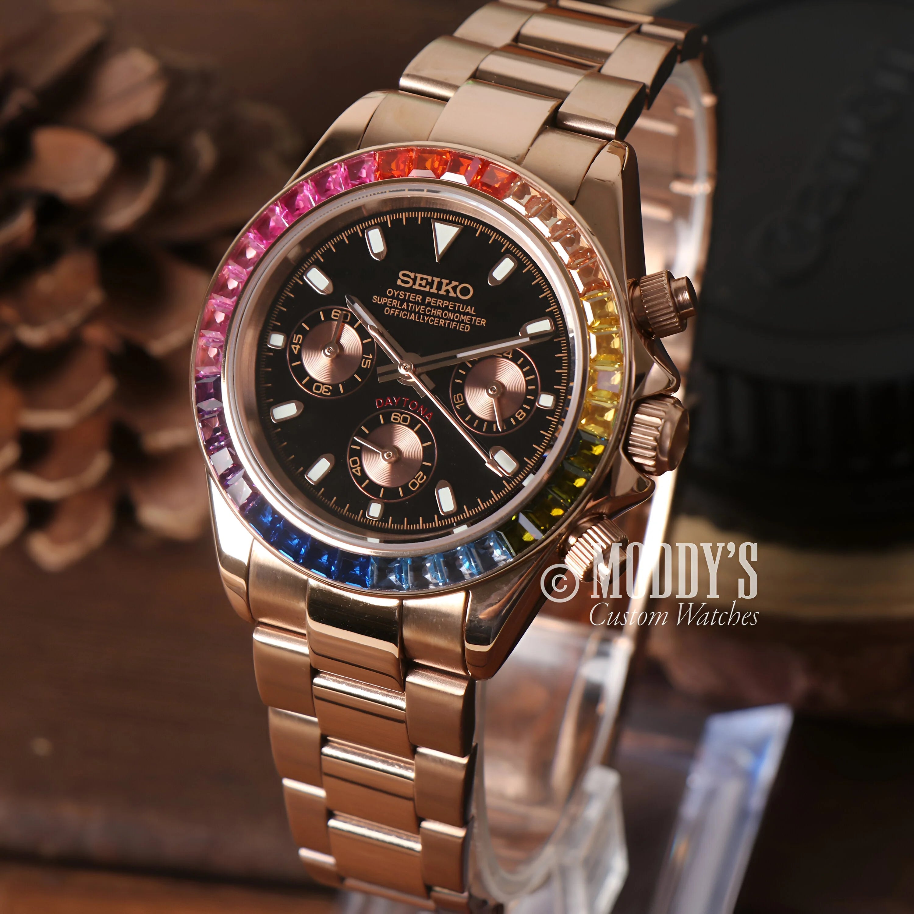 Seitona Rose Gold Rainbow: Seiko Wristwatch With a Rainbow Gemstone Bezel And Rose Gold Band
