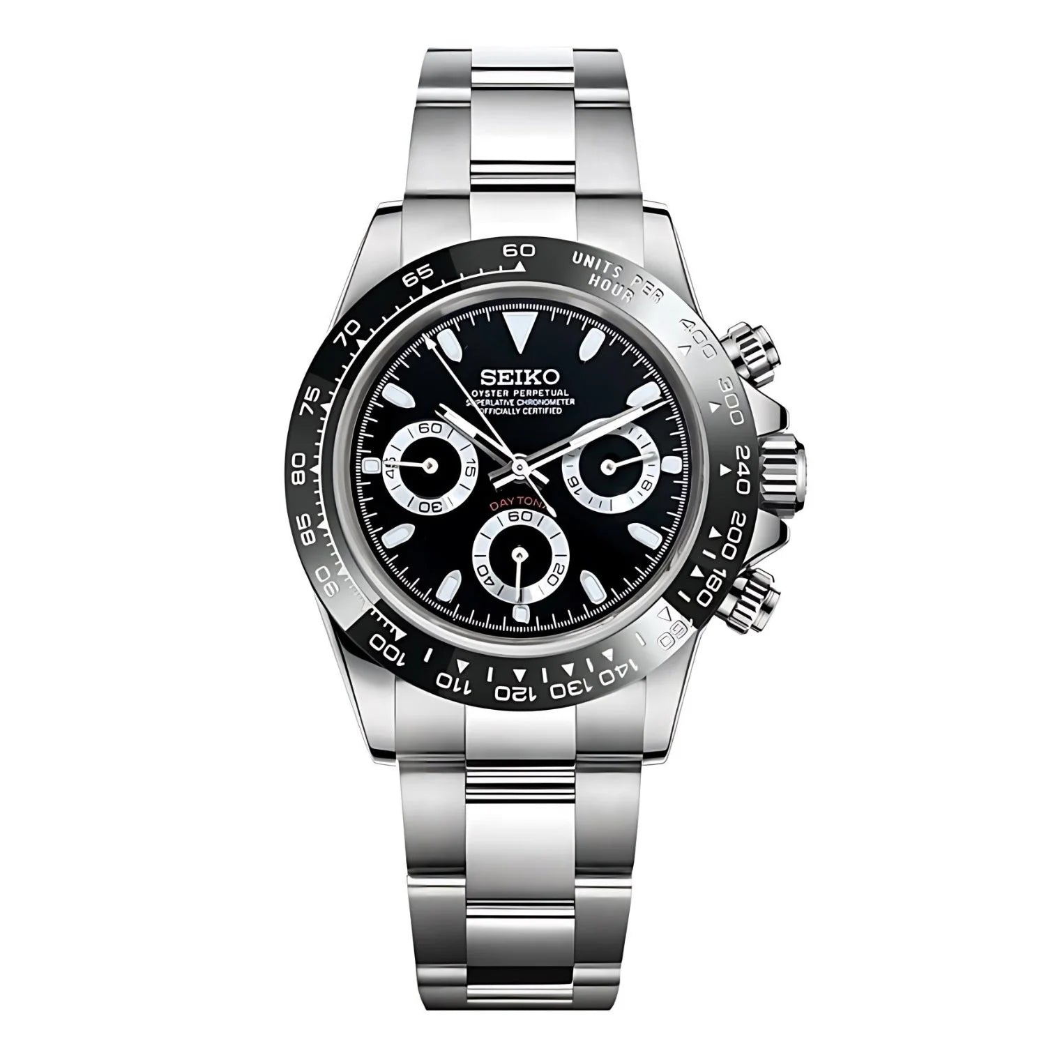 Stainless Steel Seiko Chronograph Watch With Black Dial And Bezel In Seitona Black Case